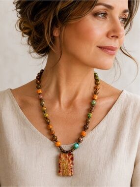 Art Necklace NWT | Jasper & Venetian Glass Statement Pendant | Handmade Designer